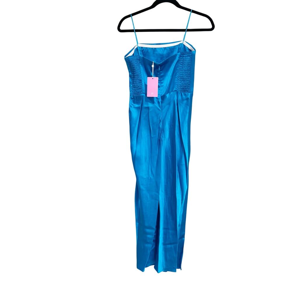 Amanda Uprichard Silk Square Neck Smocked Midi Dress Aqua Blue Size M NWT - Picture 6 of 9